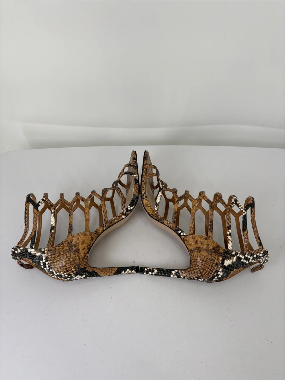 🐳 nwob SCHUTZ Brown Snake-Print Strappy cage High Heel Sandal Julianna.